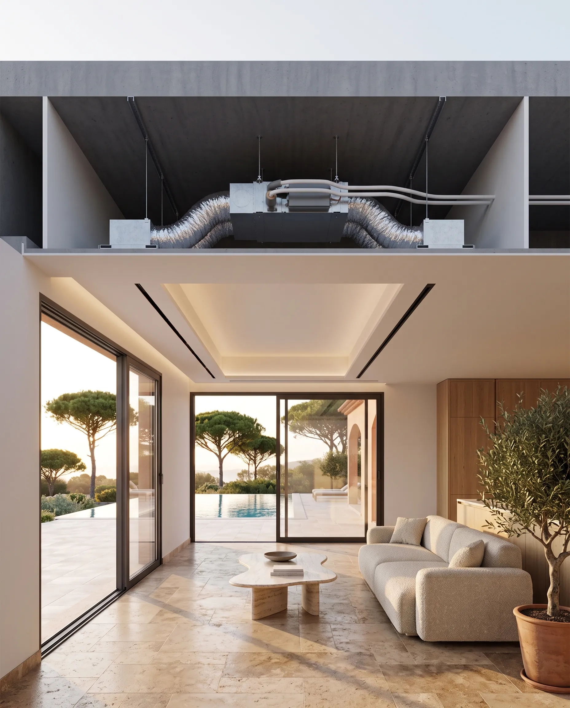 Coupe d'une villa : unité gainable et gaines cachées dans le faux plafond, air diffusé par des fentes linéaires dans le séjour
